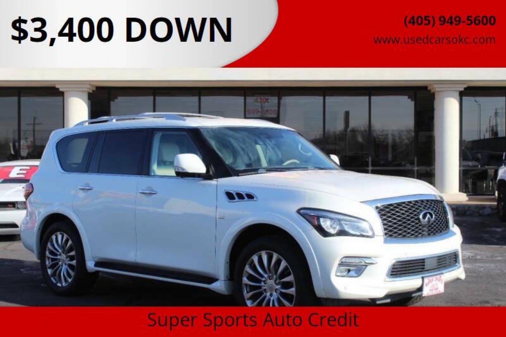 2016 White Infiniti QX80 4WD (JN8AZ2NE0G9) with an 5.6L V8 DOHC 32V engine, 7A transmission, located at 4301 NW 39th , Oklahoma City, OK, 73112, (405) 949-5600, 35.512135, -97.598671 - NO DRIVERS LICENCE -NO FULL COVERAGE INSURANCE - NO CREDIT CHECK. COME ON OVER TO SUPERSPORTS, TAKE A LOOK AND TEST DRIVE. PLEASE GIVE US A CALL AT (405) 949-5600. NO LICENCIA DE CONDUCIR - NO SEGURO DE COBERTURA TOTAL - NO VERIFICACION DE CREDITO. VISITENOS EN SUPERSPORTS, MIRE NUESTRO - Photo#0