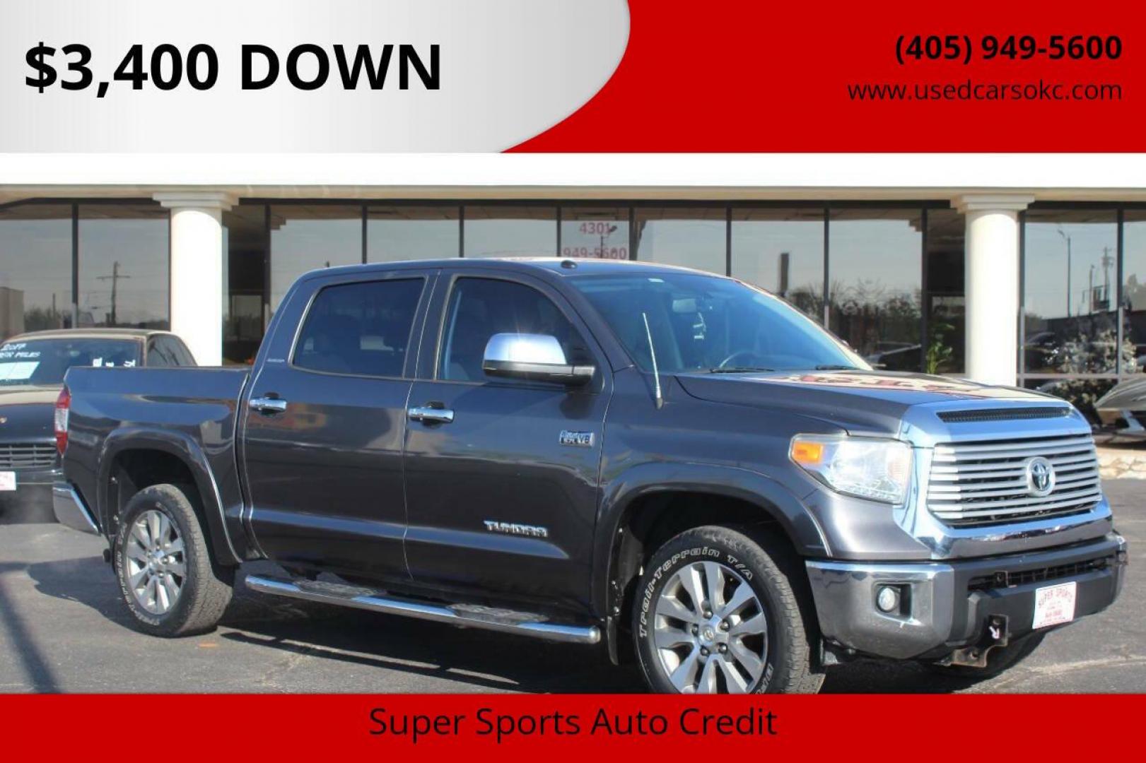 2017 Gray Toyota Tundra Limited 5.7L FFV CrewMax 2WD (5TFFW5F19HX) with an 5.7L V8 DOHC 32V FFV engine, 6A transmission, located at 4301 NW 39th , Oklahoma City, OK, 73112, (405) 949-5600, 35.512135, -97.598671 - NO DRIVERS LICENCE NO-FULL COVERAGE INSURANCE-NO CREDIT CHECK. COME ON OVER TO SUPERSPORTS AND TAKE A LOOK AND TEST DRIVE. PLEASE GIVE US A CALL AT (405) 949-5600. NO LICENSIA DE MANEJAR- NO SEGURO DE COBERTURA TOTAL- NO VERIFICACCION DE CREDITO. POR FAVOR VENGAN A SUPERSPORTS, ECHE UN - Photo#0