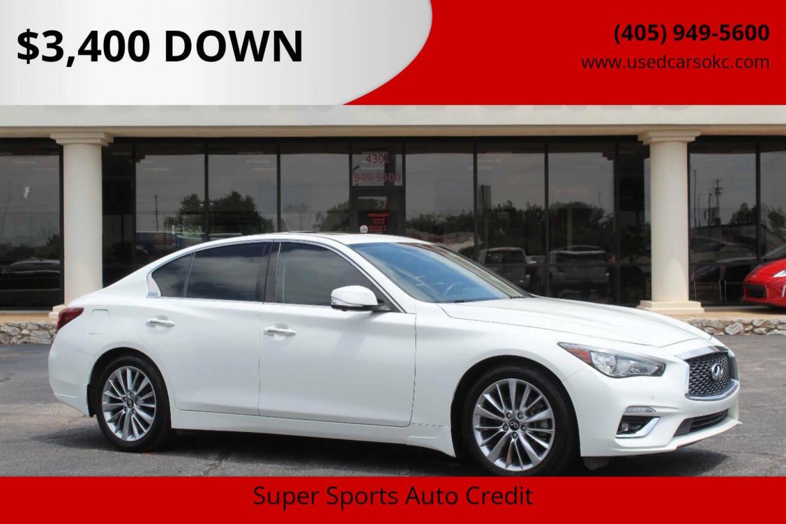 2021 White Infiniti Q50 3.0t Luxe (JN1EV7BP9MM) with an 3.0L V6 DOHC 24V TURBO engine, 7A transmission, located at 4301 NW 39th , Oklahoma City, OK, 73112, (405) 949-5600, 35.512135, -97.598671 - NO DRIVERS LICENCE NO-FULL COVERAGE INSURANCE-NO CREDIT CHECK. COME ON OVER TO SUPERSPORTS AND TAKE A LOOK AND TEST DRIVE. PLEASE GIVE US A CALL AT (405) 949-5600. NO LICENSIA DE MANEJAR- NO SEGURO DE COBERTURA TOTAL- NO VERIFICACCION DE CREDITO. POR FAVOR VENGAN A SUPERSPORTS, ECHE UN - Photo#0